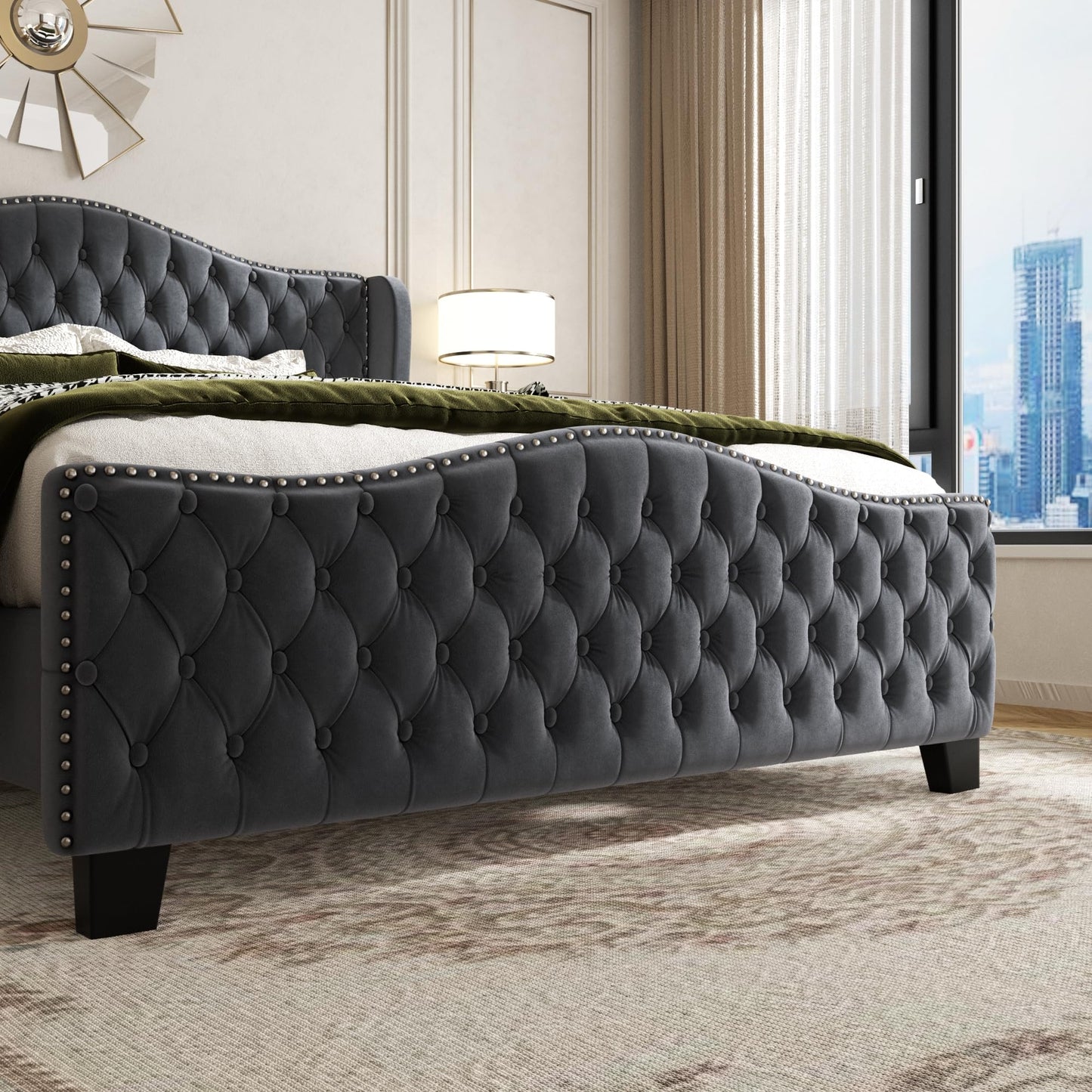 King Size Bed Frame with 51-inch Tall Camelback Headboard, Velvet Upholstered Platform Bed with Deep Button Tufted Footboard & Nailhead Trim Wingback Grey