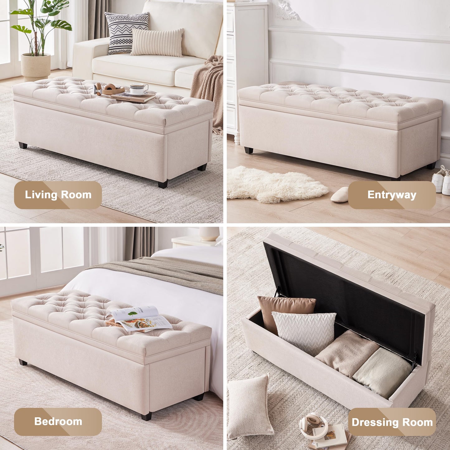 Mangodan 50" Storage Ottoman Bench, Tufted Ottoman with Storage Bench for Living Room, Large End of Bed Bench Ottomans, Modern Entryway Benches, Window & Bedroom Benches for Foot of Bed, Beige