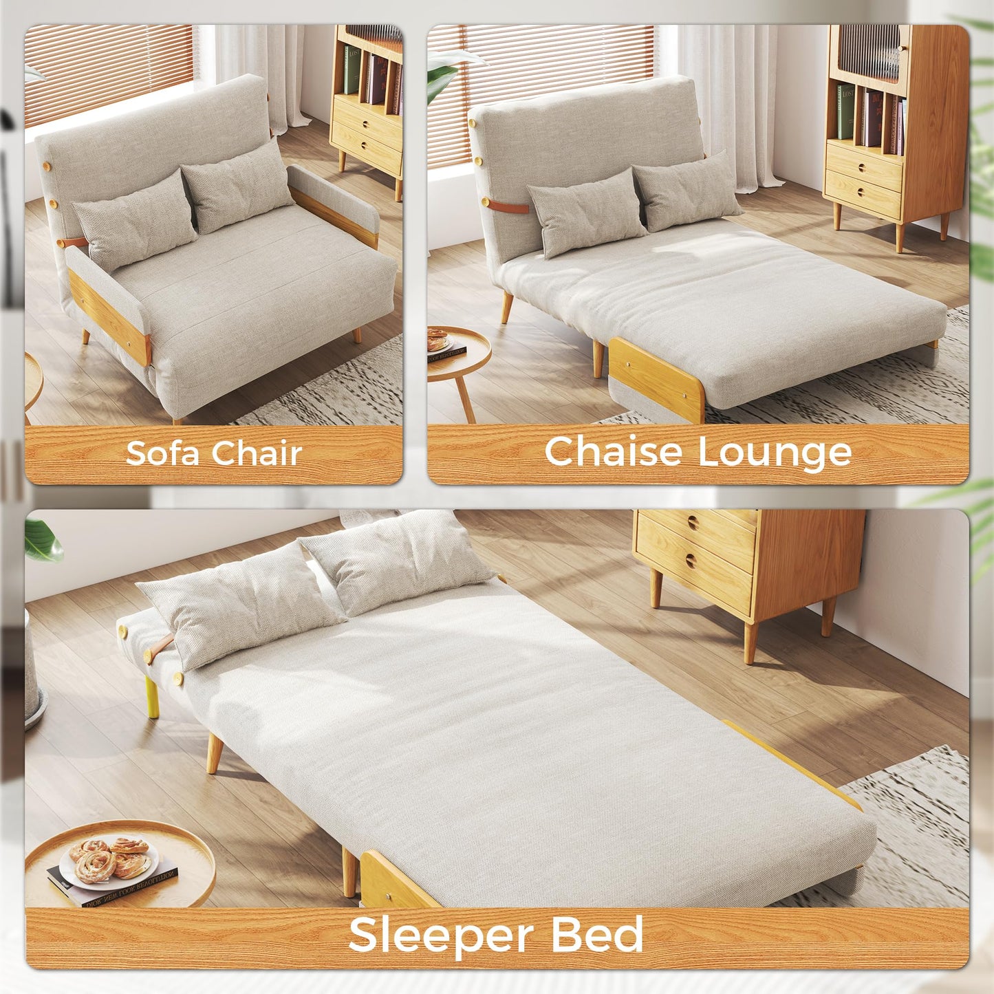 JASIWAY 3-in-1 Convertible Chair Bed Sleeper for Adults, Linen Convertable Sleeper Chair with Wooden Arms & Pillows, Foldable Single Futon Sofa Bed for Small Spaces, Modern, 76.4" D x 36.6" W