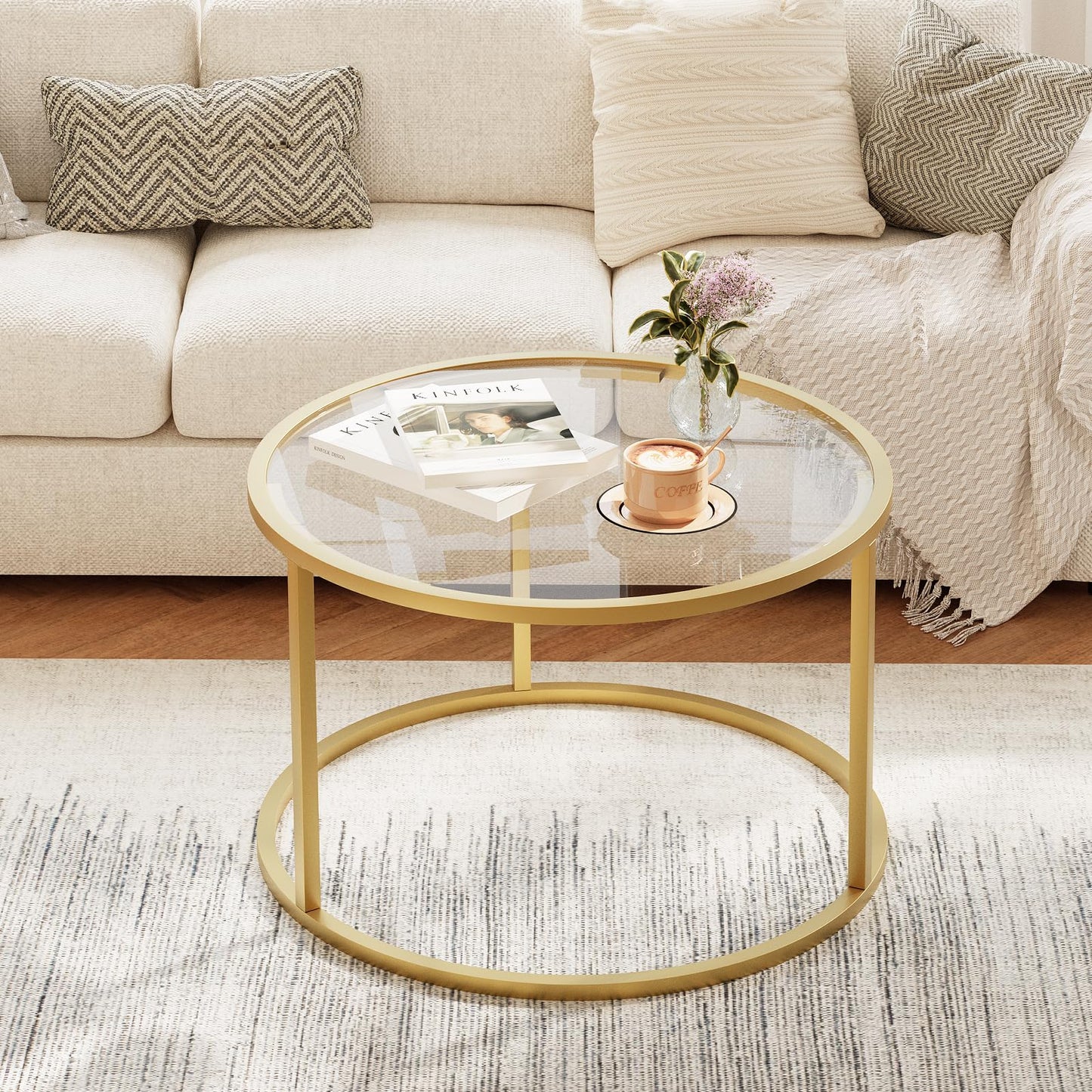Round Glass Coffee Table,Small Living Room Table for Small Space,Modern Center Table with Glass Top Clear & Sturdy Metal Frame for for Living Room Home Office, Easy Assembly,27 x 27 x 17 Inch,Gold