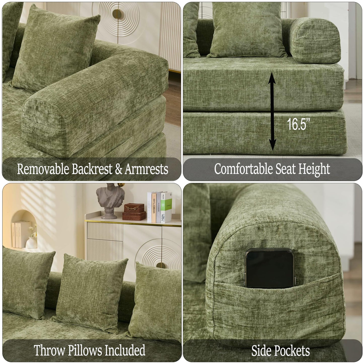 TISIMO Convertible Folding Sofa Bed Modular Floor Couch, 78.8‘’ Cloud Sleeper Sofa with Removable Backrest, Chenille Foldable Mattress Couch, Lazy Loveseat for Small Space, Apartment, Bedroom, Green