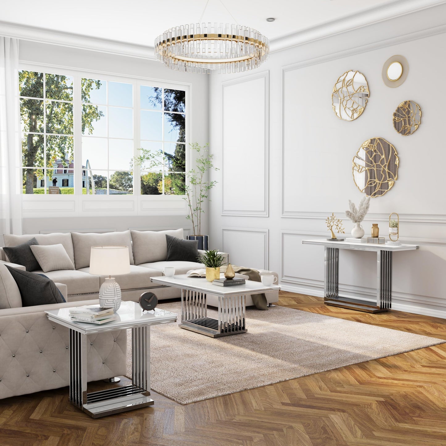 AUZ Silver Coffee Table, 50" White Glass Coffee Table for Living Room, Modern Rectangular Center Table with Gorgeous Mirrored Stainless Steel Base