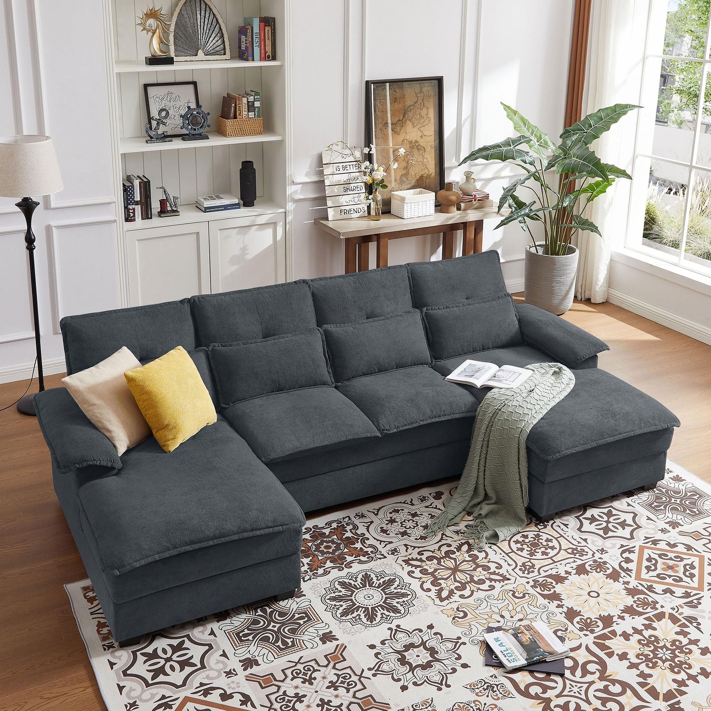 Enobala 110" Comfy Cloud Couch Sectional Sofa with Lumbar Pillows, Modern U-Shaped Cloud Sofa with Double Chaise & Deep Seat for Living Room, or Office, Easy Assembly, Dark Grey