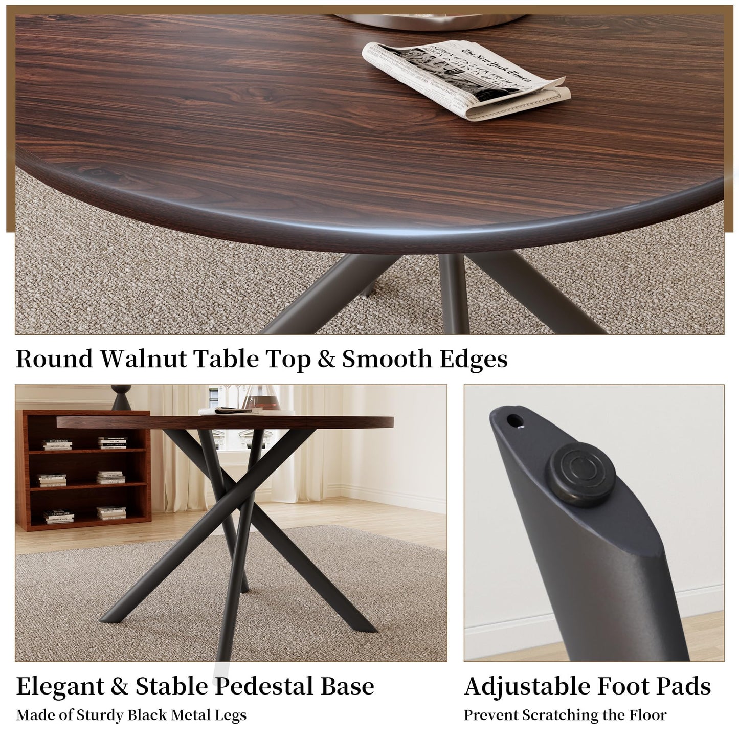 HIPIHOM 45.3 Inch Round Dining Table Set for 4, Mid Century Modern Small Coffee Set for Dining Room Kitchen Apartment (Walnut Table + 4 U-Shaped Black Chairs)