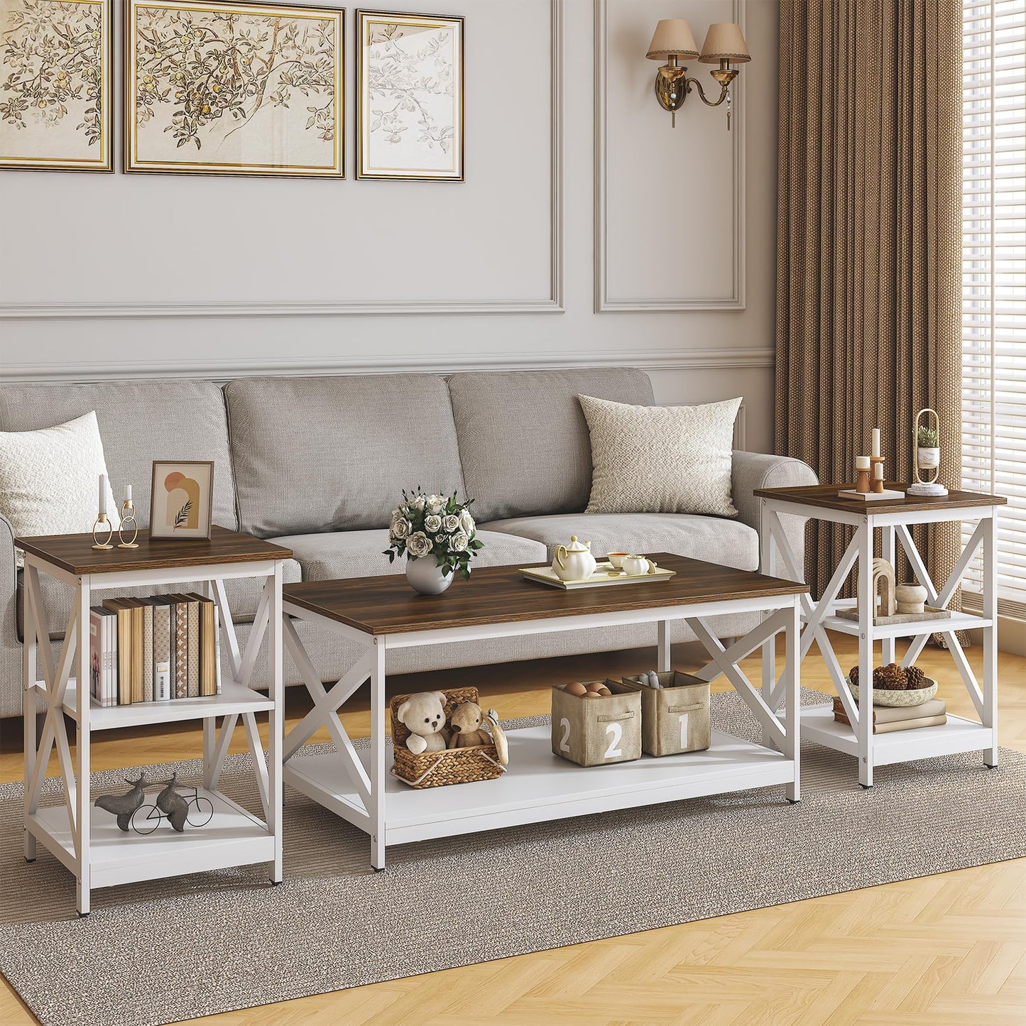 Bigbiglife Living Room Coffee Table Set of 3, Industrial X-Design Coffee Table and 2 End Side Tables, 3 Piece Living Room Table Set with Large Storage for Apartment Home (White+Walnut Brown)
