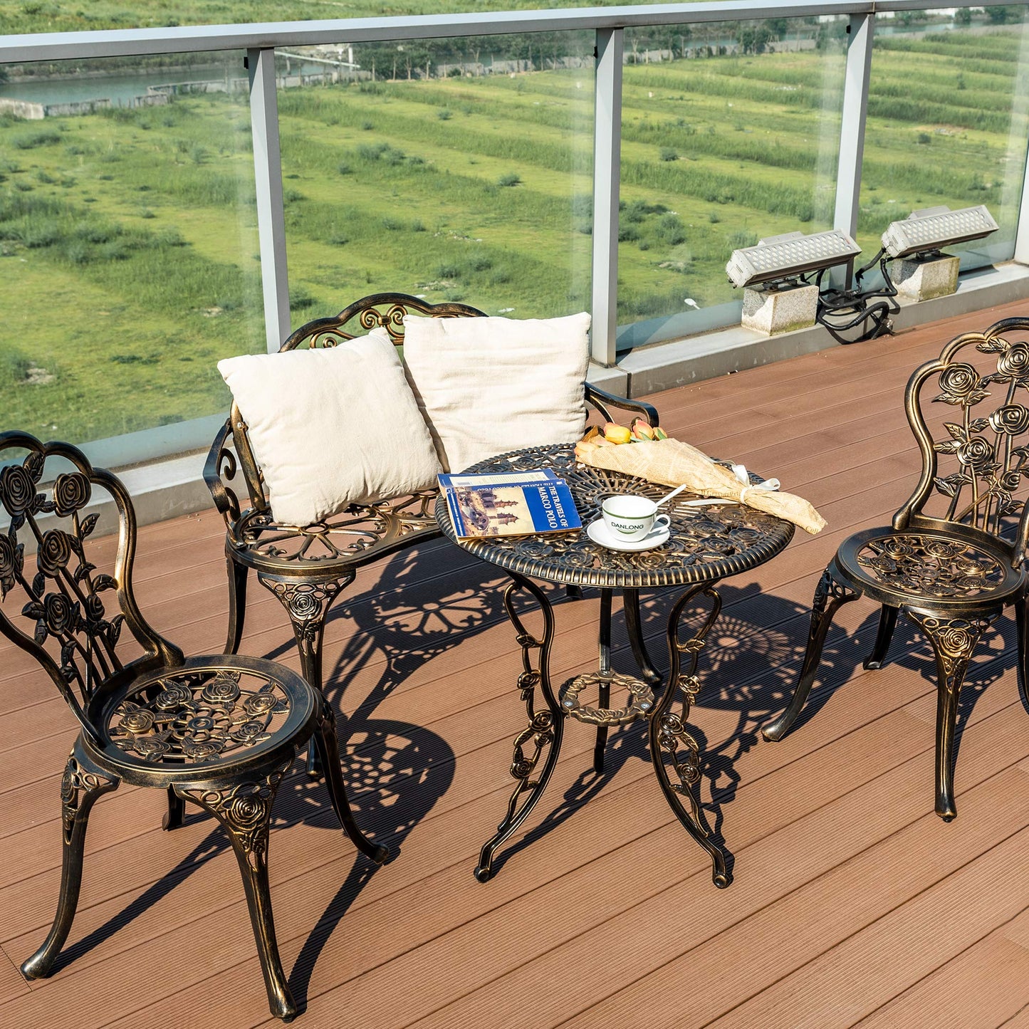 Aura Outdoor 3 Piece Patio Bistro Table Set, Outdoor Stylish Rose Flower Bistro Set with Umbrella Hole, Small Cast Aluminum Table and Chairs Set for Balcony Furniture, Dark Bronze