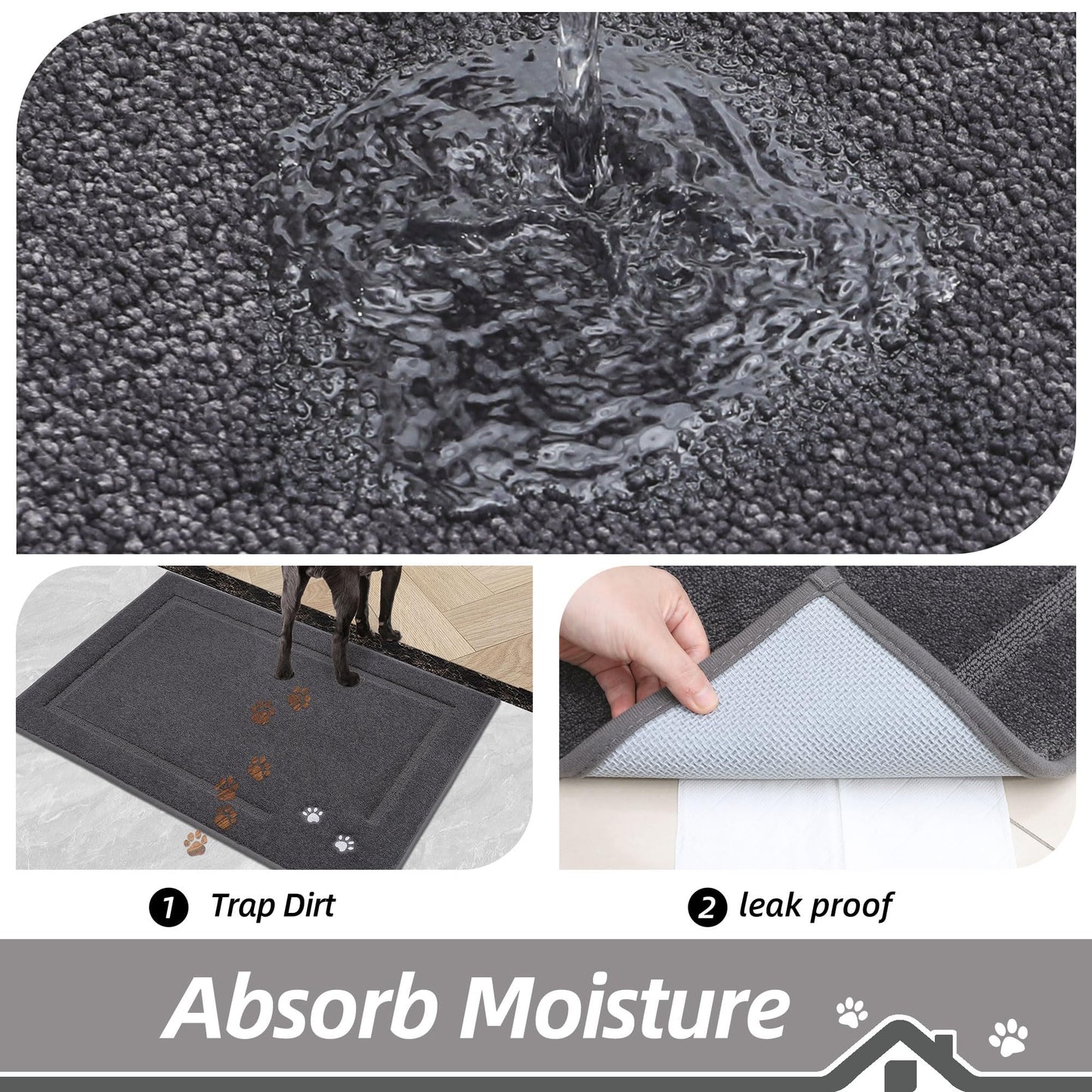 BEQHAUSE Dog Door Mat for Muddy Paws 20"x32" Dirt Trapper Absorbent Doormat Non Slip Entryway Rugs Washable Stain Resistant Welcome Floor Mat Soft Low-Profile for Front Back Door, Dark Grey