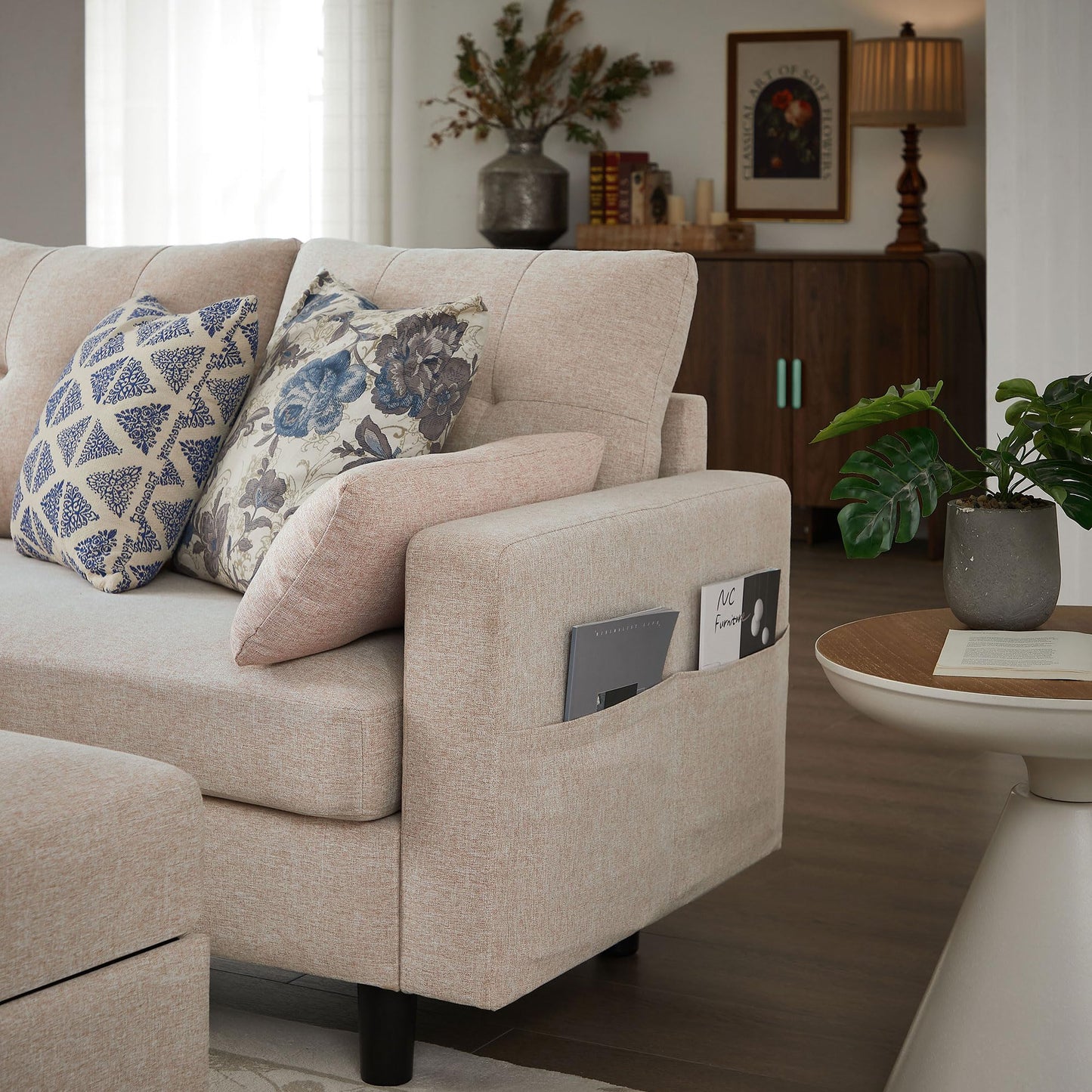 Enobala 101" Sectional Sofa 4 Seat U Shaped Couch with Storage Ottoman for Living Room, Reception Room ect, Combination Sectional Couch with Movable Ottoman Sets, Beige