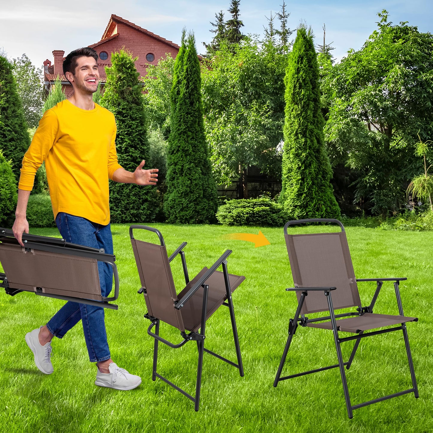 Shintenchi 6 Piece Patio Dining Set with Umbrella, Outdoor Furniture Set with 4 Folding Chairs and Tempered Glass Top Dining Table fot Lawn Backyard Garden Porch Brown and Beige