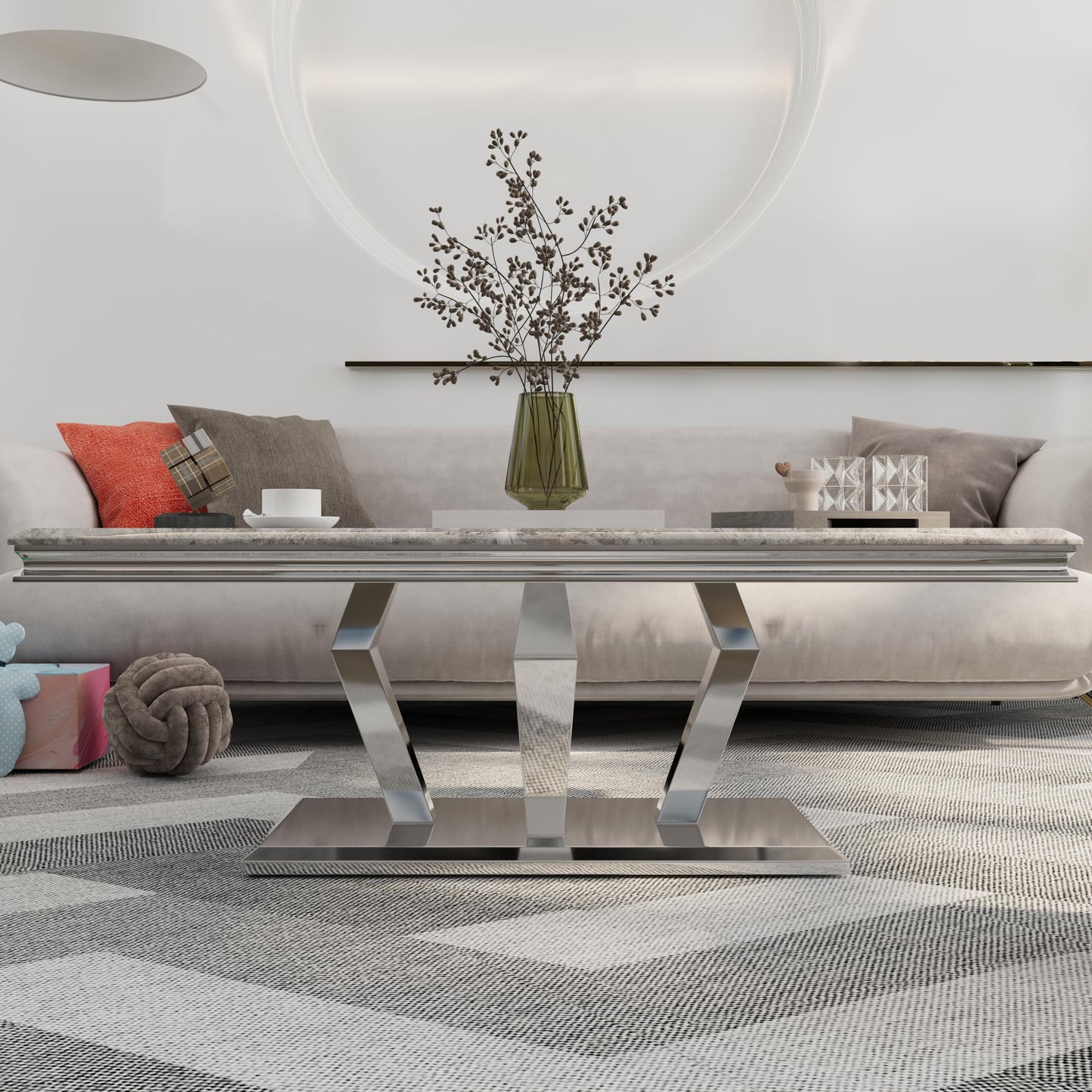 ACEDÉCOR Coffee Table, Silver Coffee Table with Four Geometric Mirror Bases, Rectangular CoffeeTable with Sturdy Metal Frame,48 inches Modern Coffee Table for Living Room, Office, Reception Room