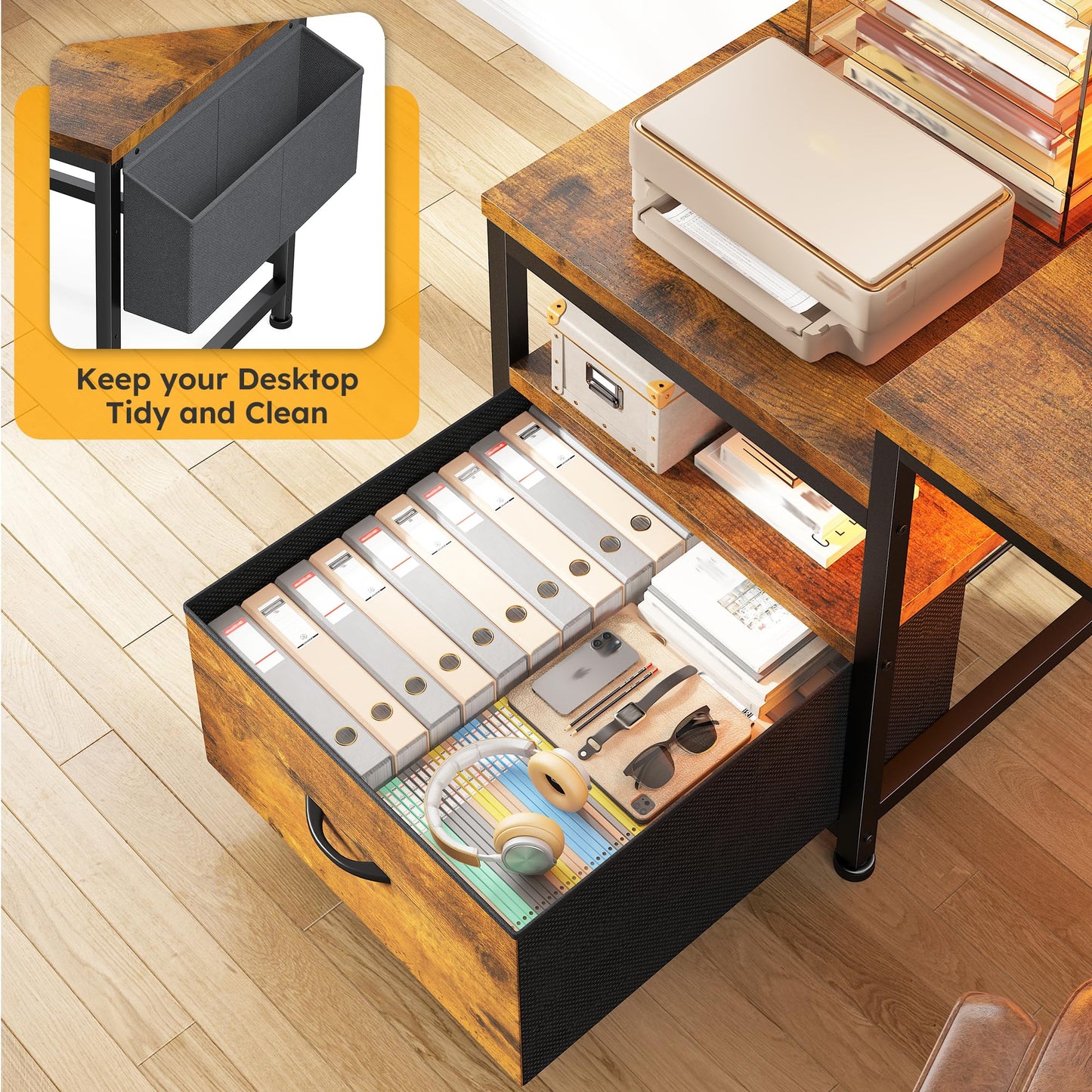 Computer Desk with Drawers and LED Lights,57" Gaming Desk with Power Outlets and Printer Space, Office Desk with File Drawers Cabinet,Study Table with Shelves Monitor Stand,Living Room,Rustic Brown