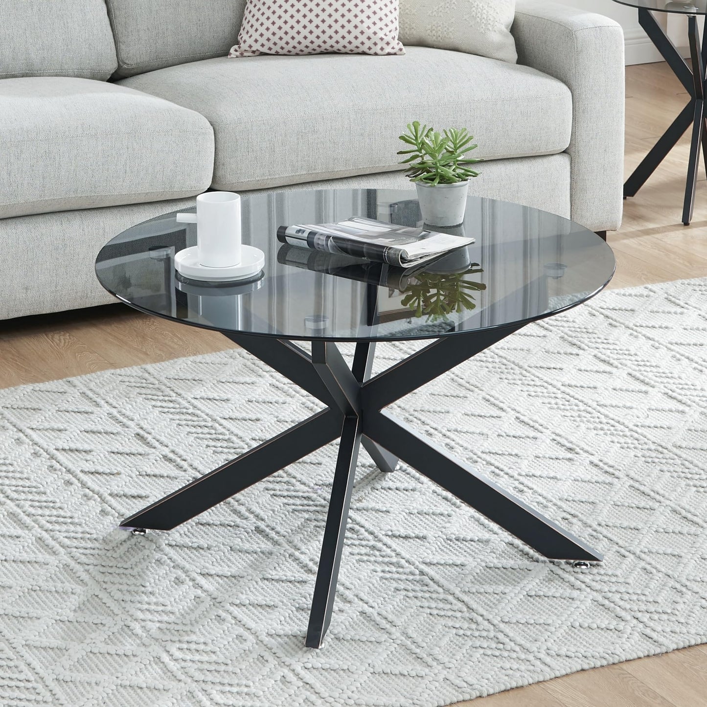 Round Glass Coffee Tables for Living Room, Home Office, Modern & Simple Center Table with Gray Tempered Glass Top, 35.5" Wx19.7 H Black