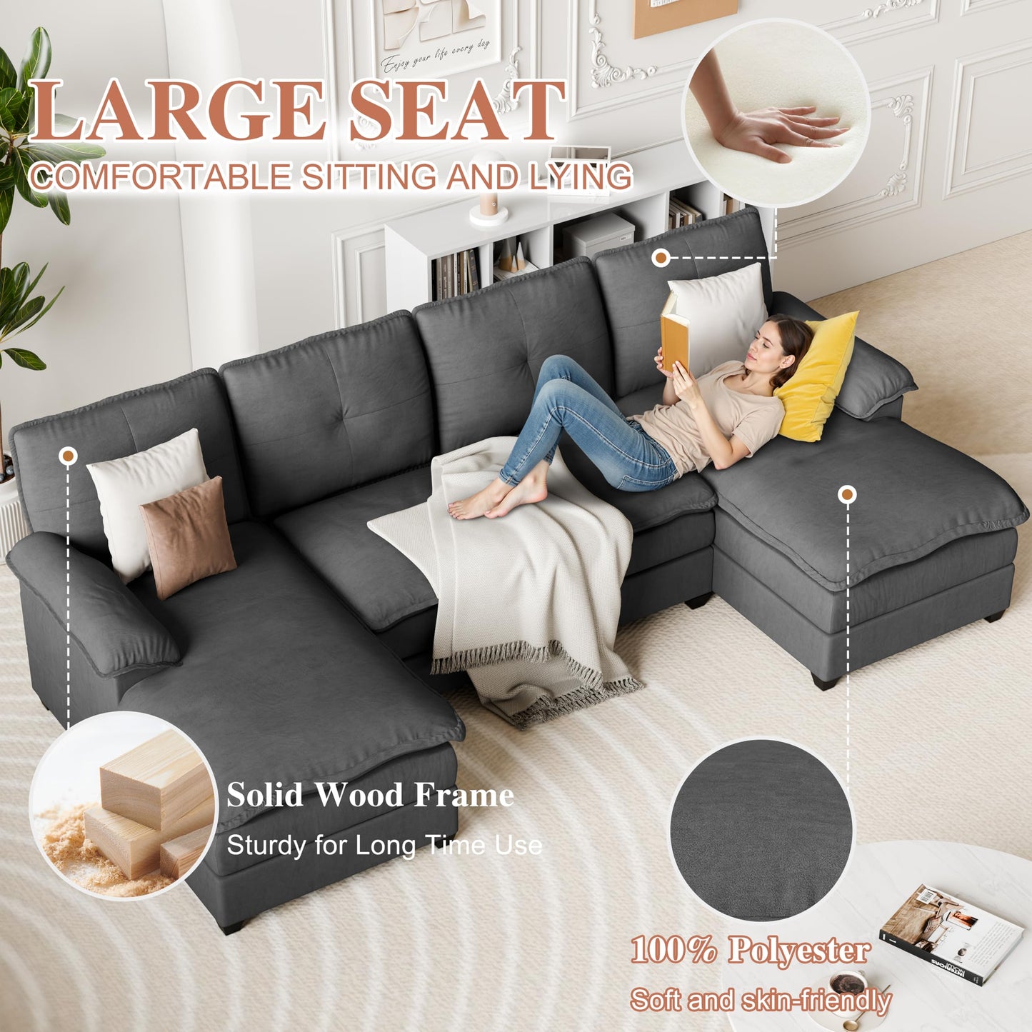 Meilocar 110“ Sectional Couches for Living Room, U-Shaped Sofa Couch with Double Chaise, Cloud Couch Sectional Sofas 4 Seat Sofa Set for Living Room, Black
