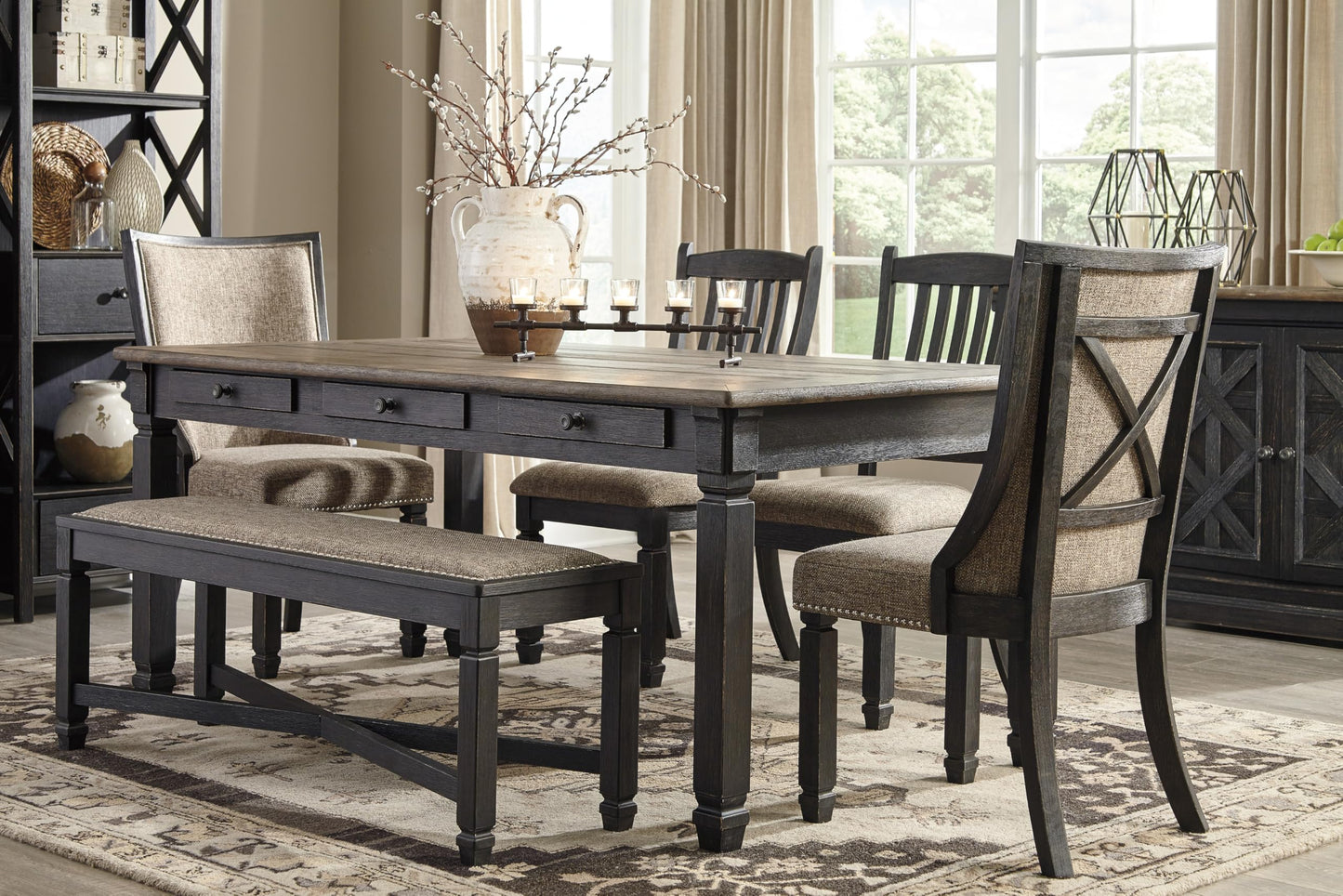 Signature Design by Ashley Tyler Creek Modern Farmhouse Upholstered Dining Room Bench, Antique Black Finish