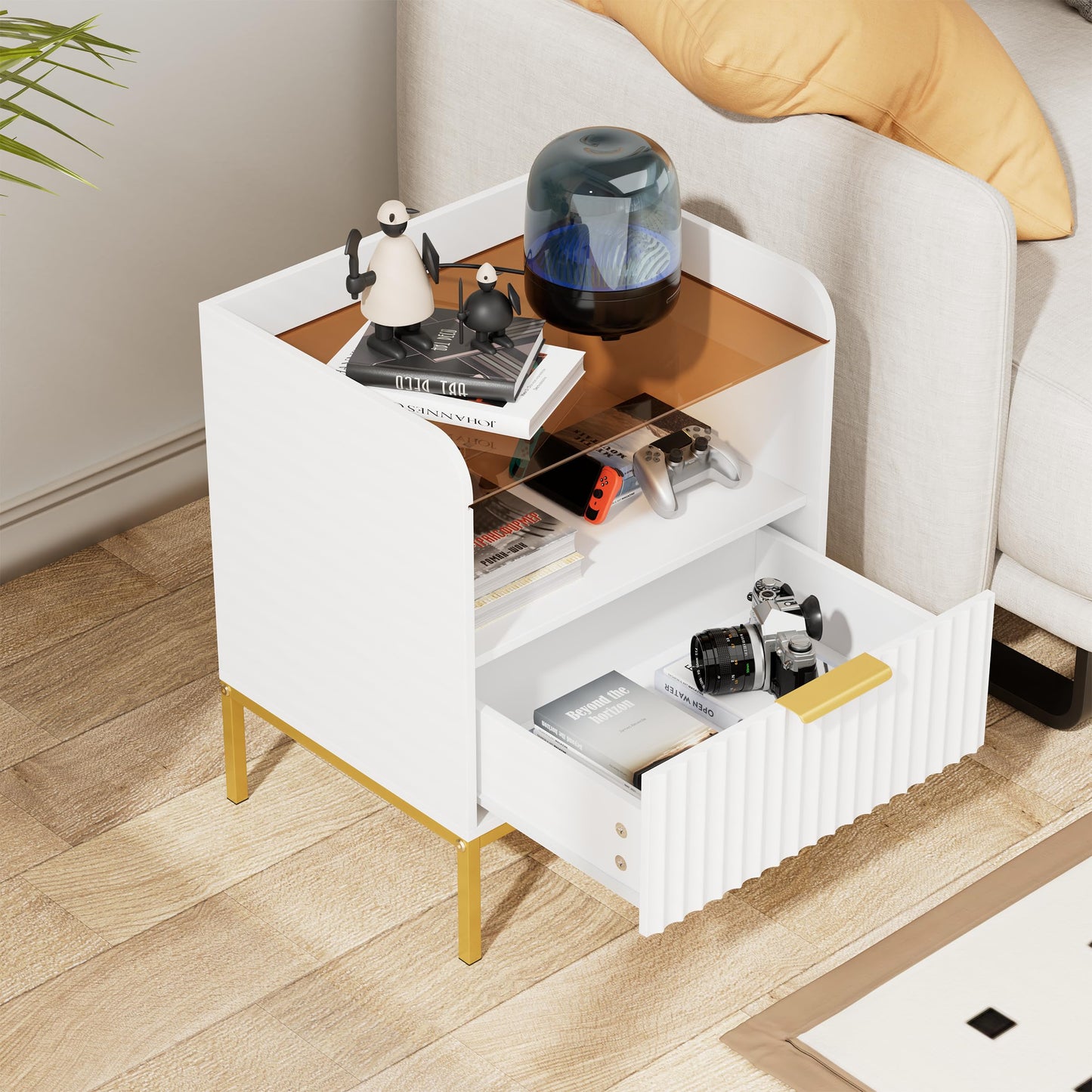 HQZX Fluted Nightstand with Charging Station and Glass Top, Modern Bedside Table with Metal Legs, Wood End Table for Bedroom, Living Room (White)