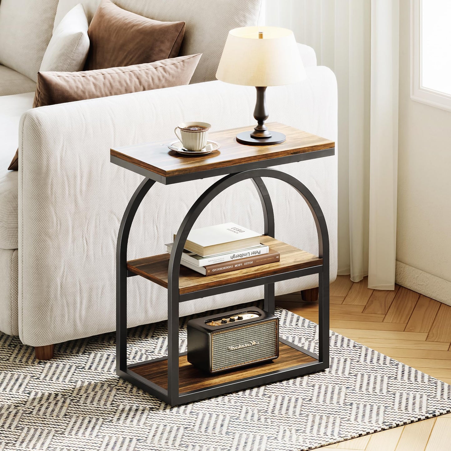 LIKEMET Side Table, End Table with 3-Tier Storage, 25" Bedside Table with Arched Metal Frame, Industrial Nightstand for Living Room, Bedroom, Rustic Brown