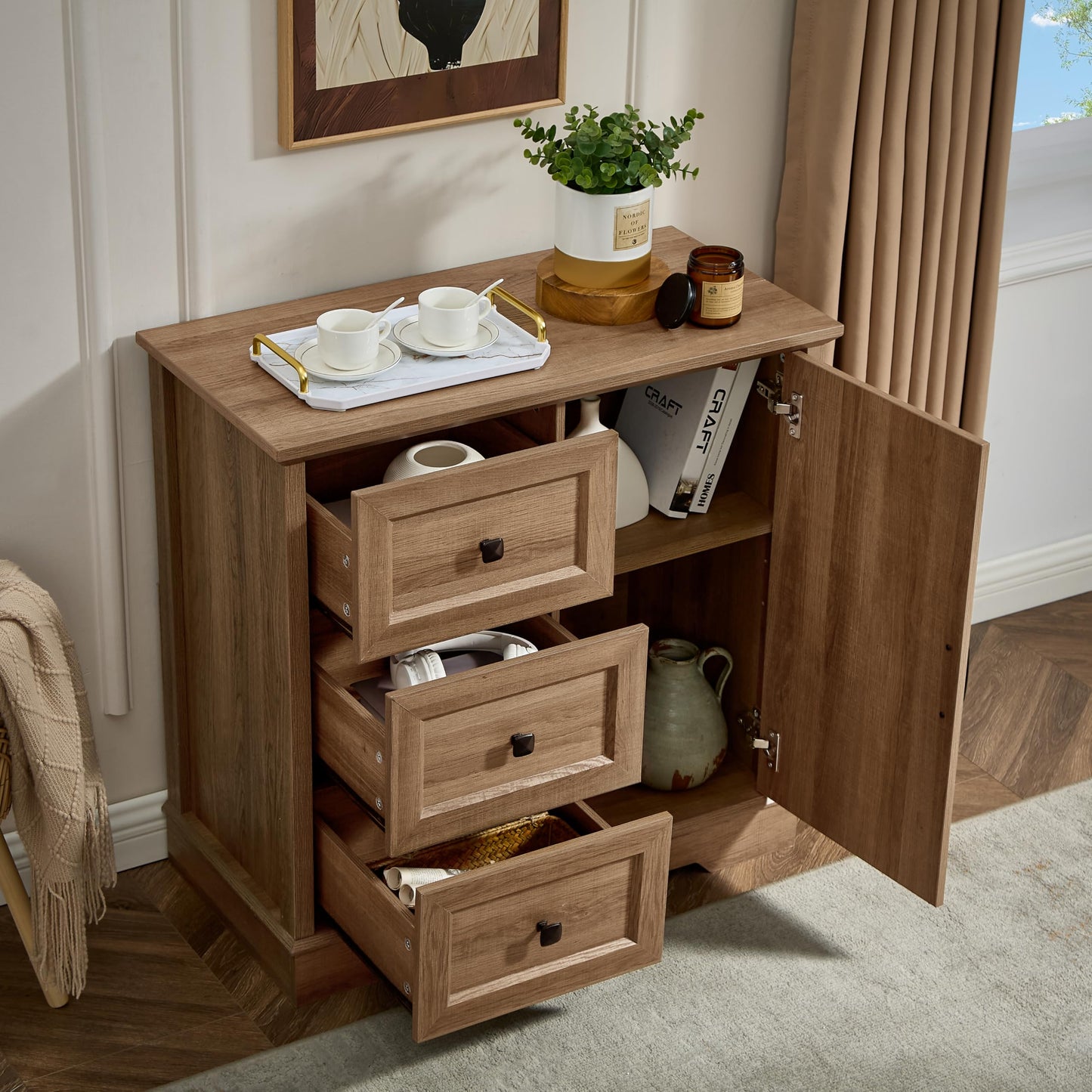 HDDDZSW 3+1 Dresser for Bedroom, Log Dressers Storage with Wooden Drawers and Cross Door, TV Stand Chest of Drawers for Bedroom, Living Room