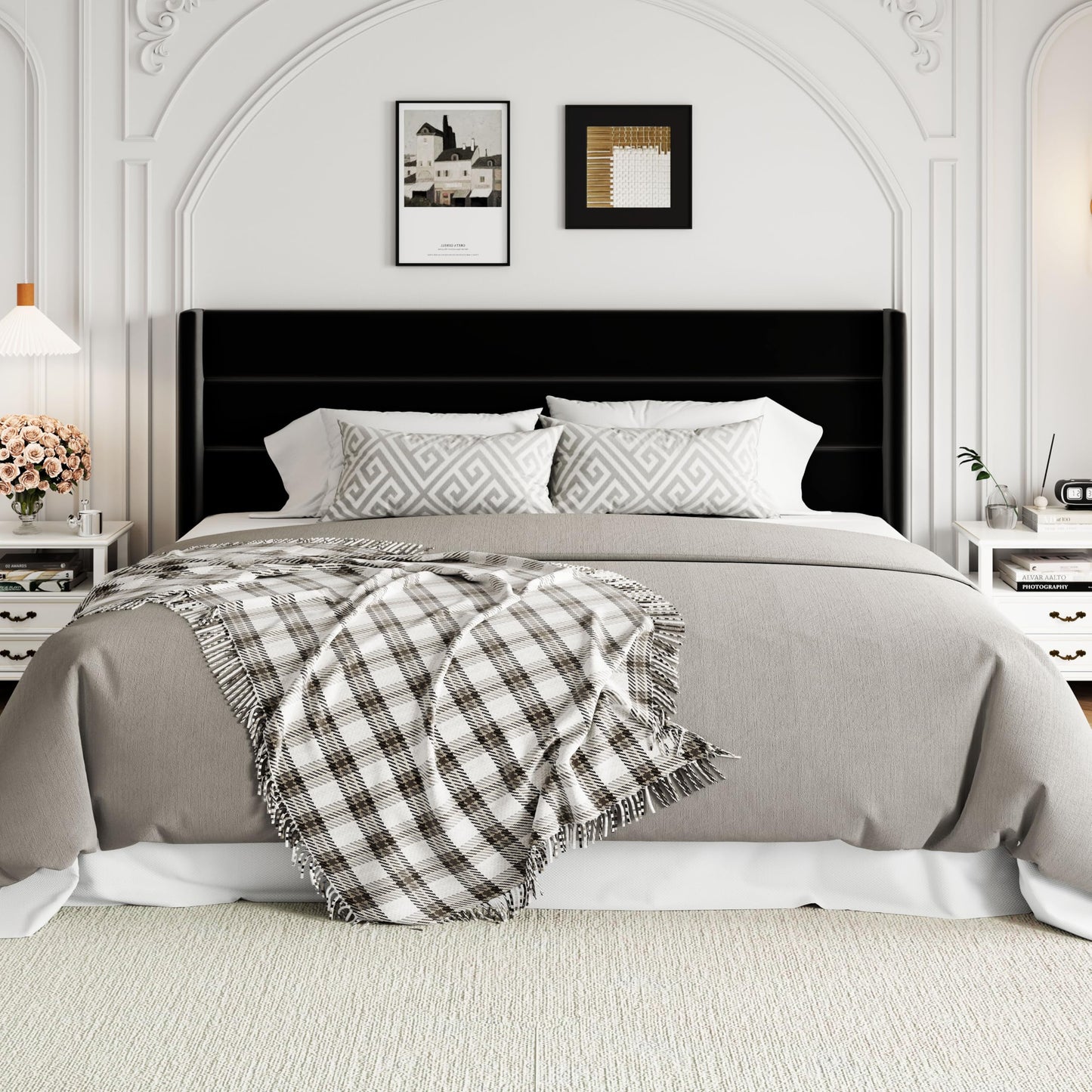 Allewie King Size Velvet Lift Up Storage Bed, Modern Wingback Headboard, Hydraulic Support, No Box Spring Needed, Black