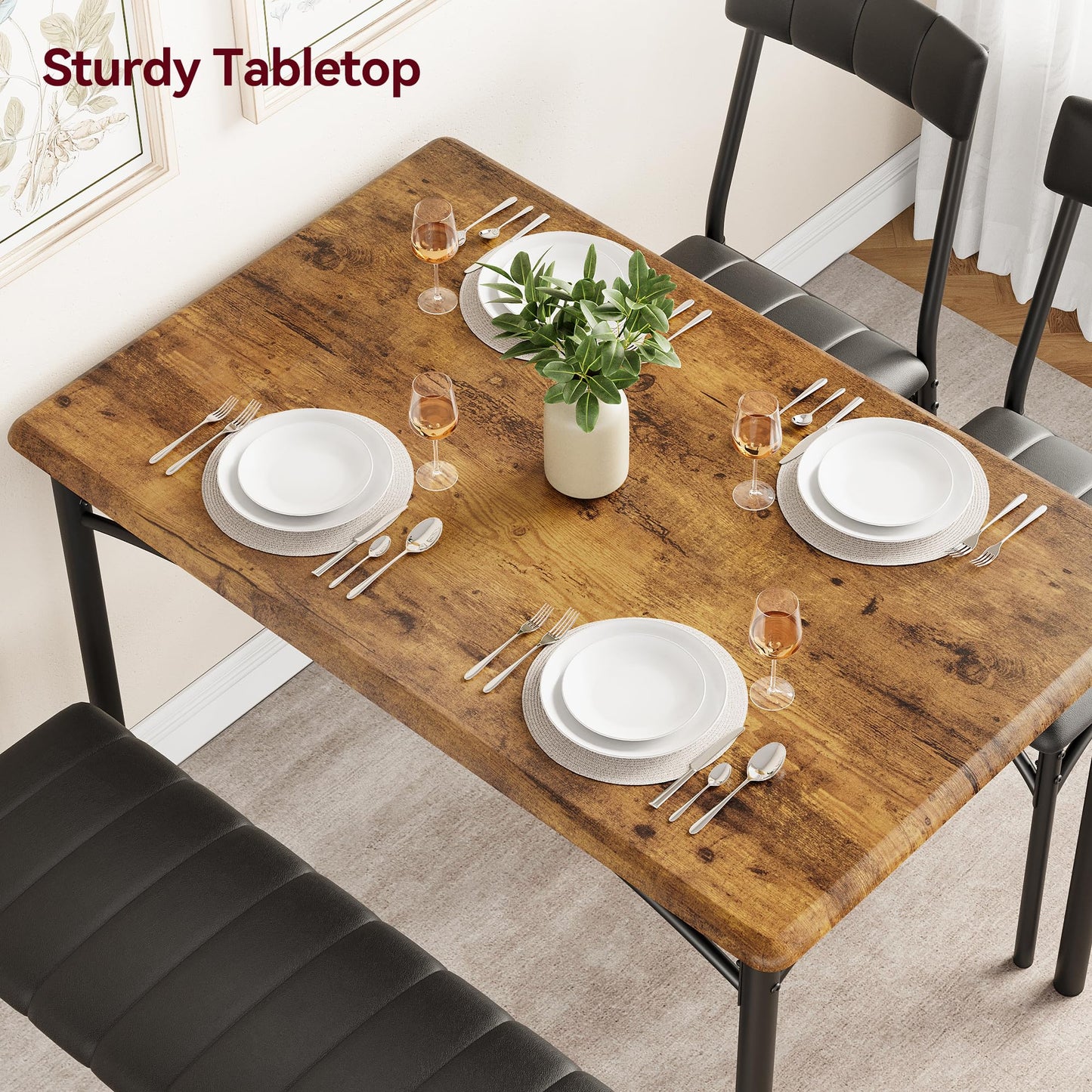 GarveeHome Dining Table Set for 4, Kitchen Table with Upholstered Chairs and Bench, Wood Rectangular Dining Table and Chairs Set for Small Space, Apartment, Dinner, Rustic Brown