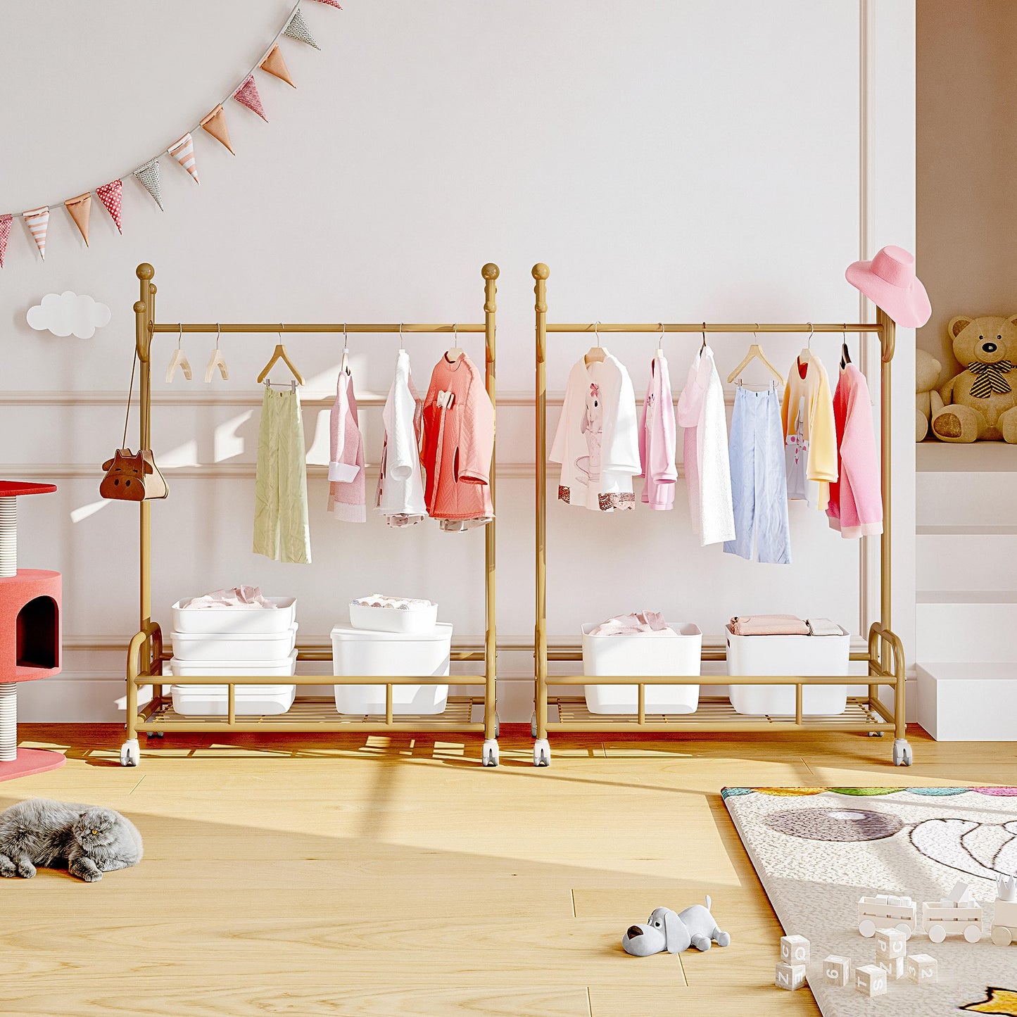 Bestier Kids Dress Up Rack, Adjustable Height for Kids Clothes, Metal Rack with Wheels and Bottom Storage Shelf, Gold