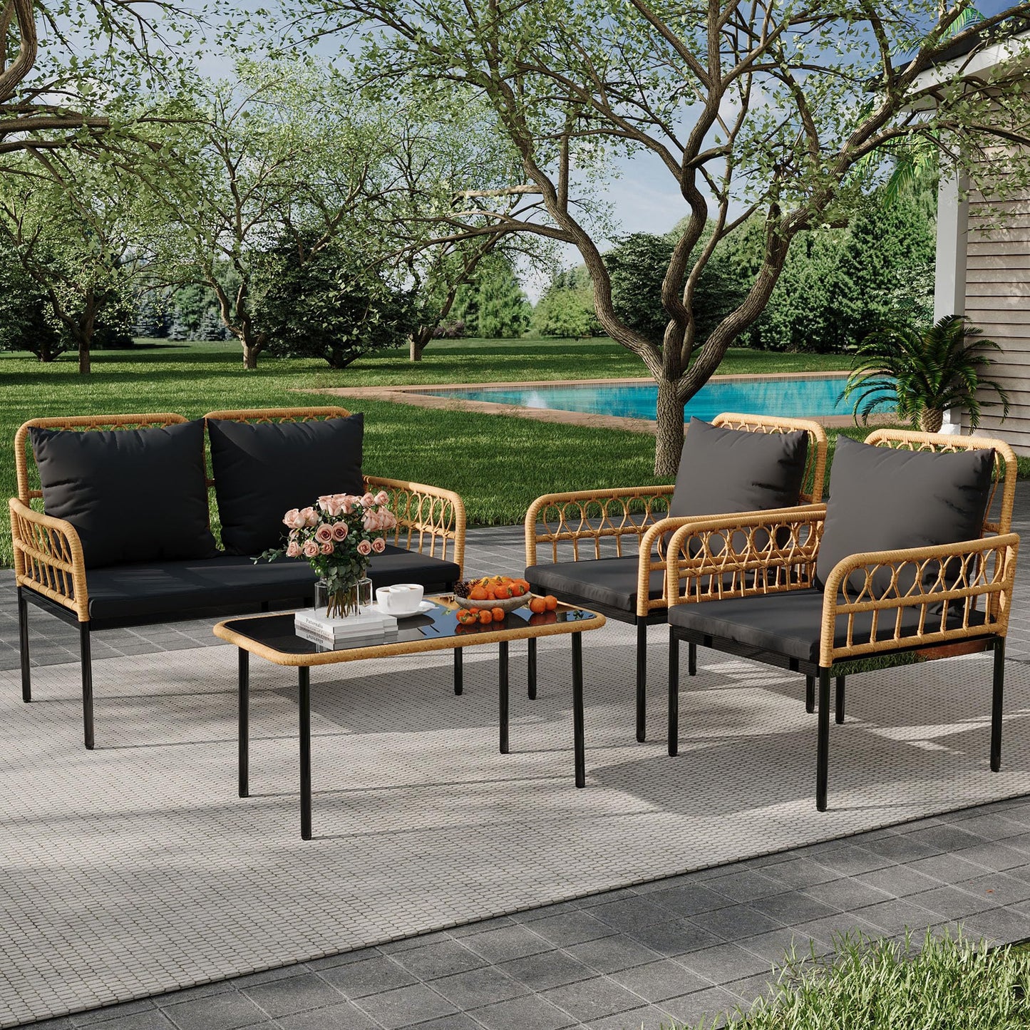 GarveeLife 4 Pieces Patio Furniture Sets Wicker Outdoor Patio Table and Chairs Set with Glass Side Table, Loveseat Chairs, Boho Rattan 4 Seater Conversation Sets for Backyard, Porch, Bistro, Black