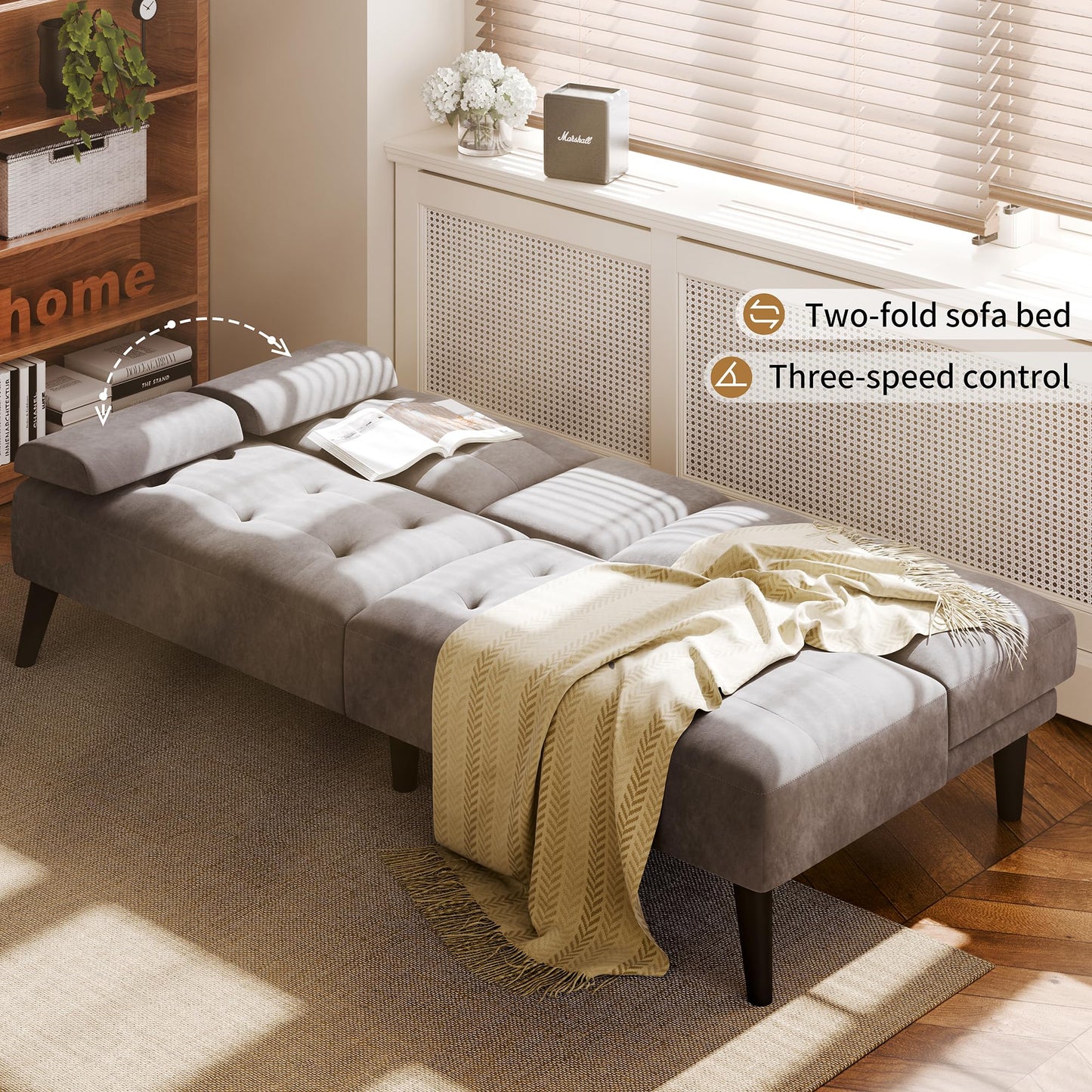 JAMFLY Sofa Bed Futon Couches, Modern Convertible Folding Loveseat - Multi-Functional Recliner with 3-Angle Adjustment, Detachable Armrests with Cup Holders - Ideal for Small Spaces, Dark Drey Velvet