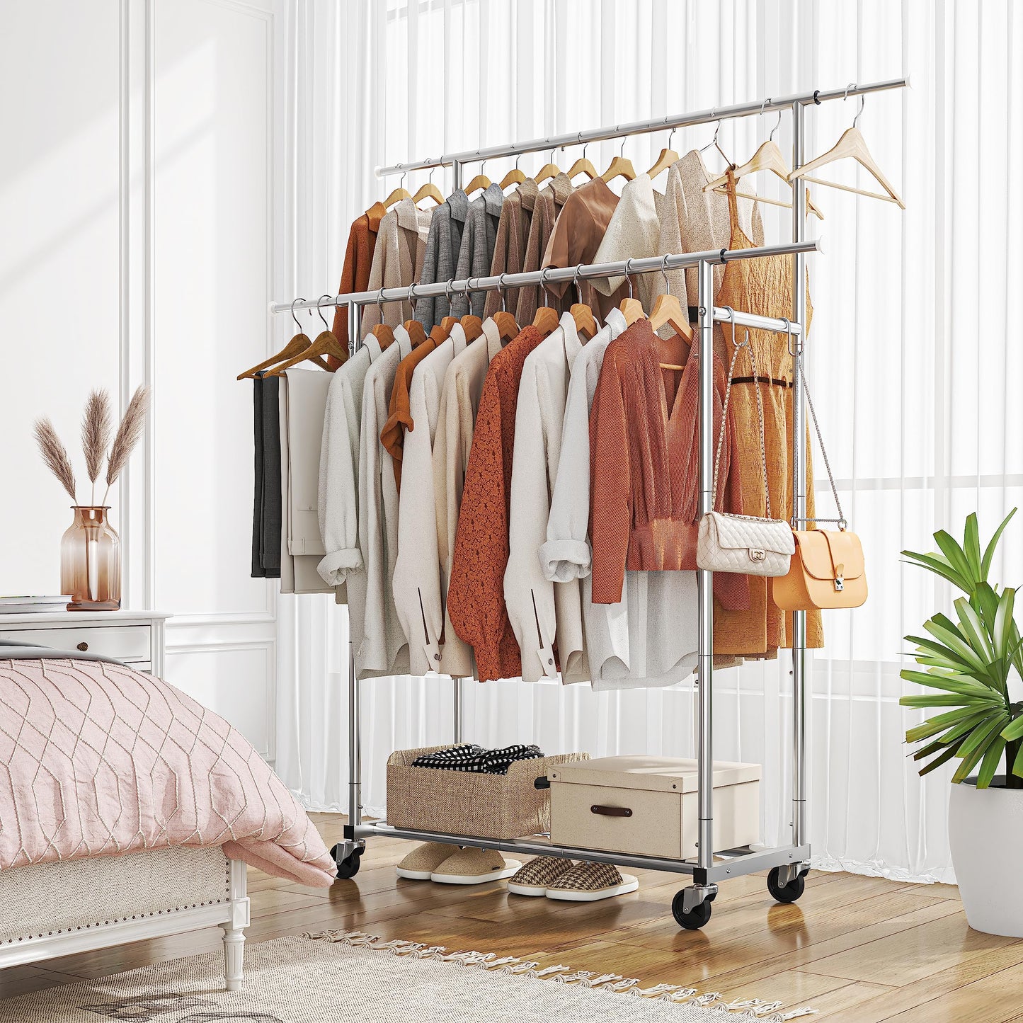 Simple Trending Double Rod Clothing Garment Rack, Rolling Clothes Organizer on Wheels for Hanging Clothes,with 4 hooks, Chrome