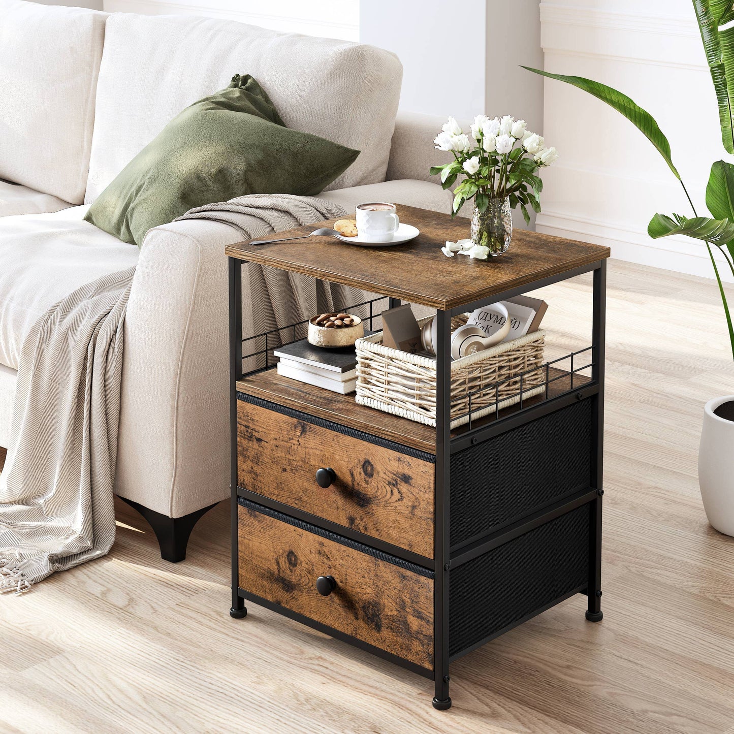 Nightstand Set of 2, 17.8"W Bedside Table with Fabric Drawers and Open Wood Shelf Storage, Safety Netting on 2 Sides of Bedside Table,Night Stand for Bedroom,Closet, Hallway, Dorm, Rustic Brown