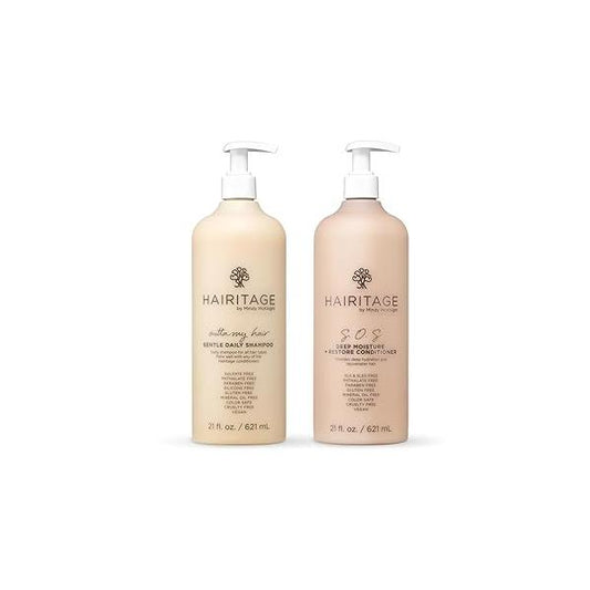 Hairitage Gentle Daily Moisture Shampoo and Conditioner Set - Split End + Bond Strengthening for Dry, Damaged Hair with Jojoba Oil Anti-Frizz Color Safe Cherry Amber Scent (21oz. 2-pack)